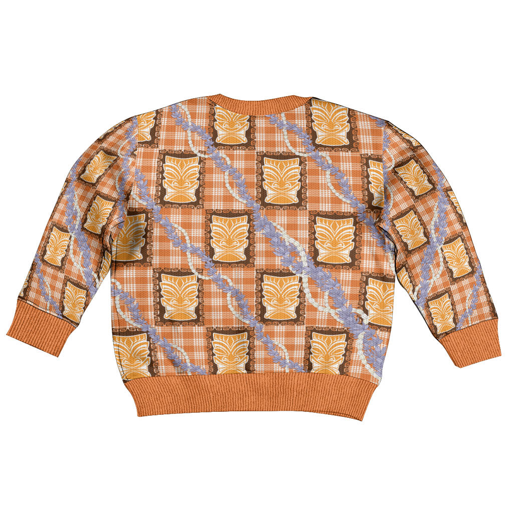 Aloha Hawaii Tiki Palaka Motifs Kid Ugly Christmas Sweater Honohono Lei Orange Elegant Vibes