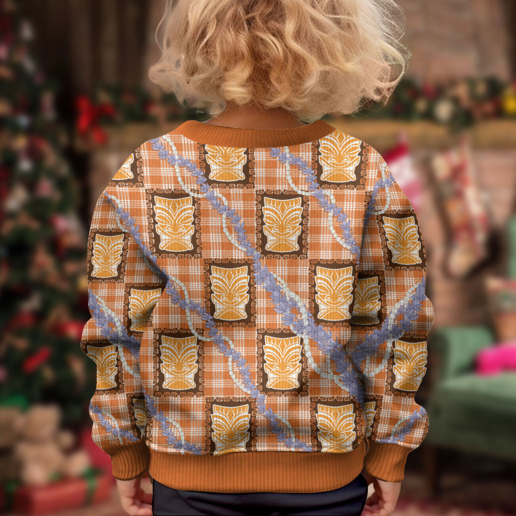 Aloha Hawaii Tiki Palaka Motifs Kid Ugly Christmas Sweater Honohono Lei Orange Elegant Vibes