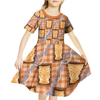 Aloha Hawaii Tiki Palaka Motifs Kid Short Sleeve Dress Honohono Lei Orange Elegant Vibes LT14 - Polynesian Pride