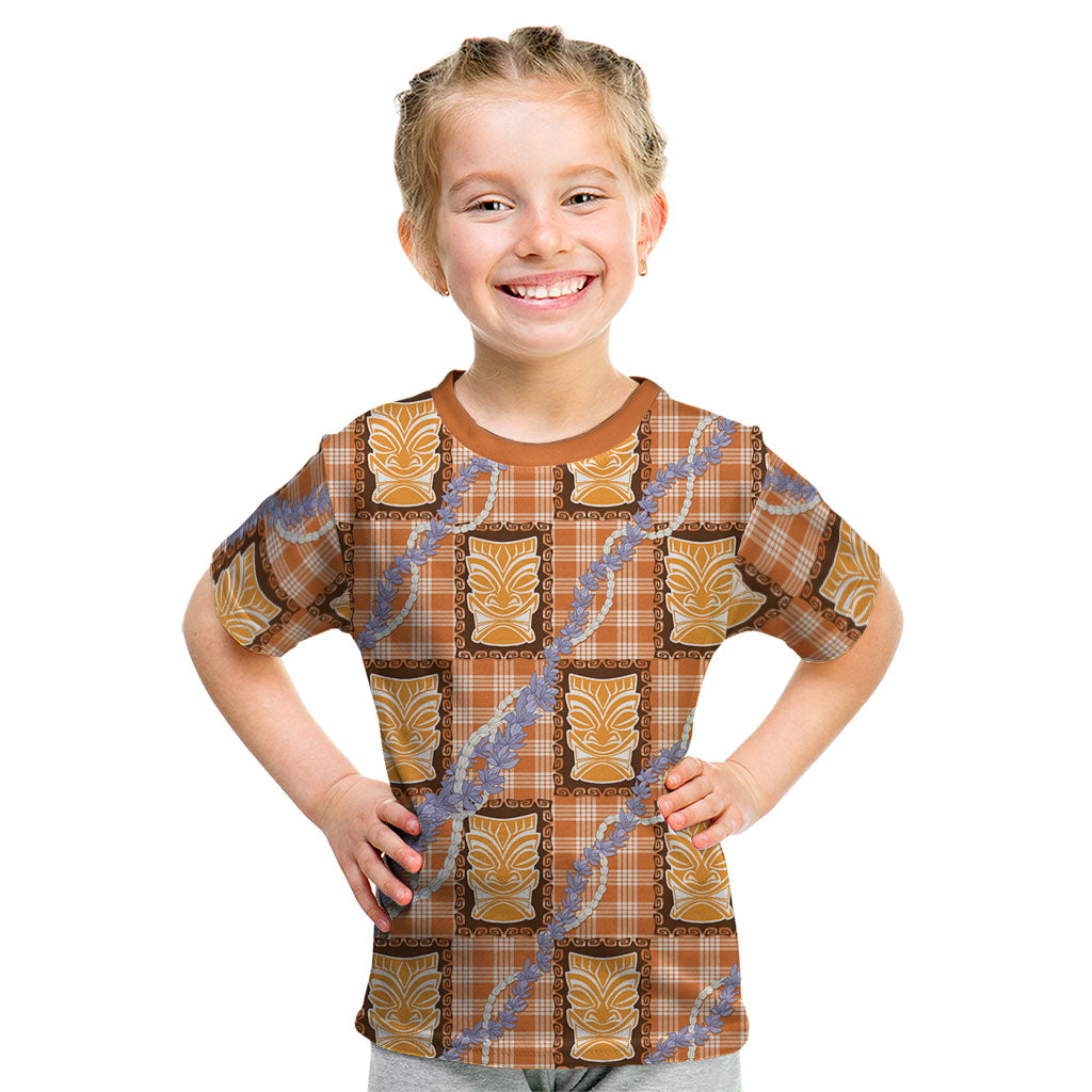 Aloha Hawaii Tiki Palaka Motifs Kid T Shirt Honohono Lei Orange Elegant Vibes
