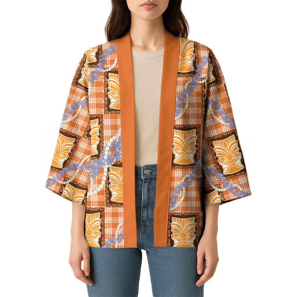 Aloha Hawaii Tiki Palaka Motifs Kimono Honohono Lei Orange Elegant Vibes