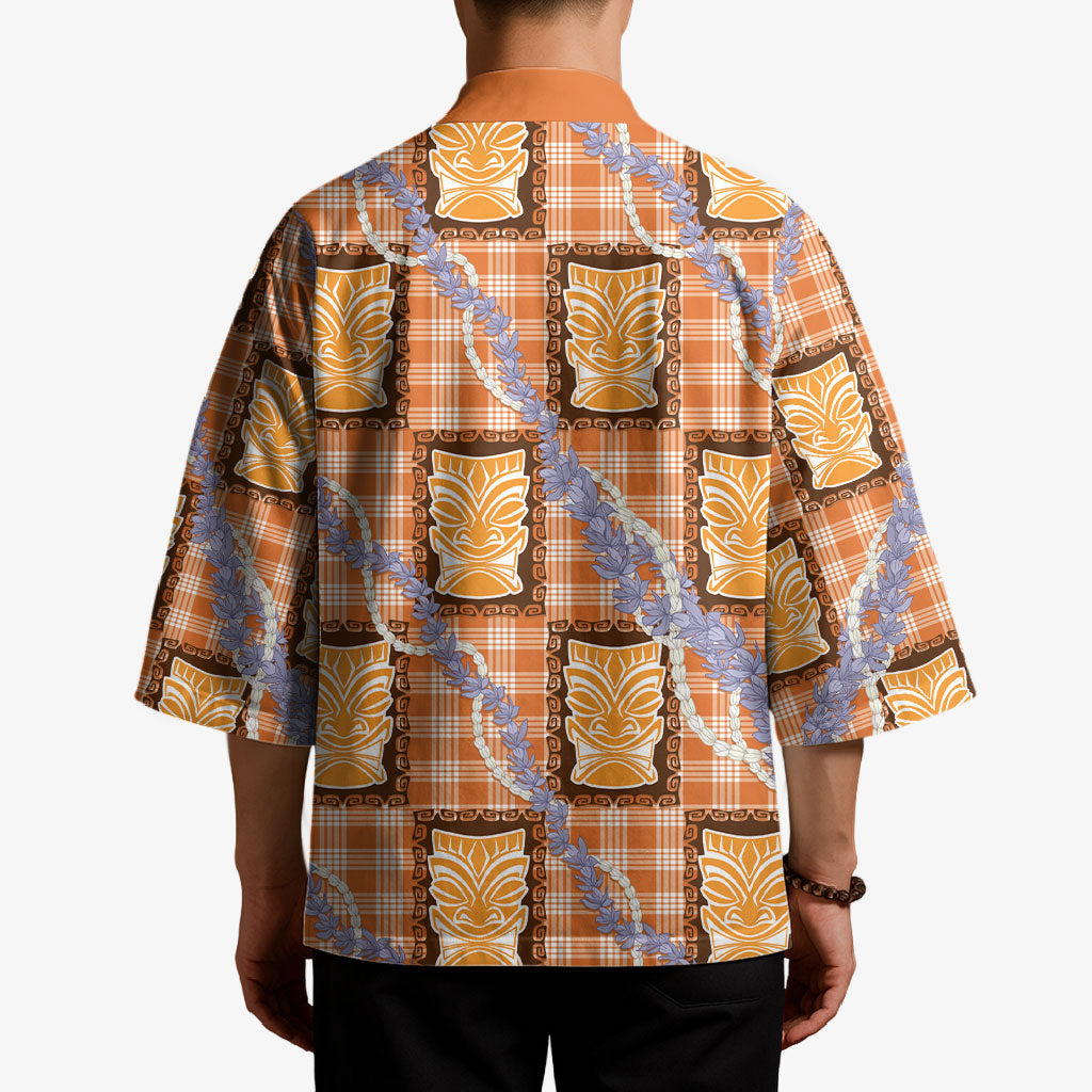 Aloha Hawaii Tiki Palaka Motifs Kimono Honohono Lei Orange Elegant Vibes
