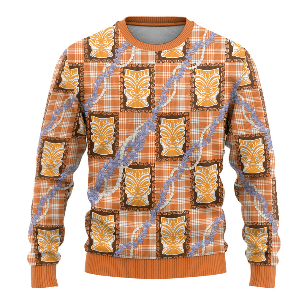 Aloha Hawaii Tiki Palaka Motifs Ugly Christmas Sweater Honohono Lei Orange Elegant Vibes