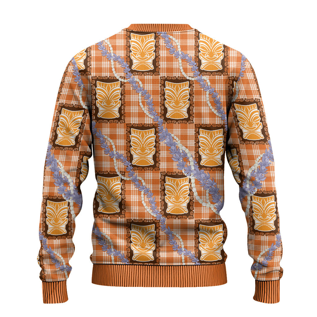 Aloha Hawaii Tiki Palaka Motifs Ugly Christmas Sweater Honohono Lei Orange Elegant Vibes
