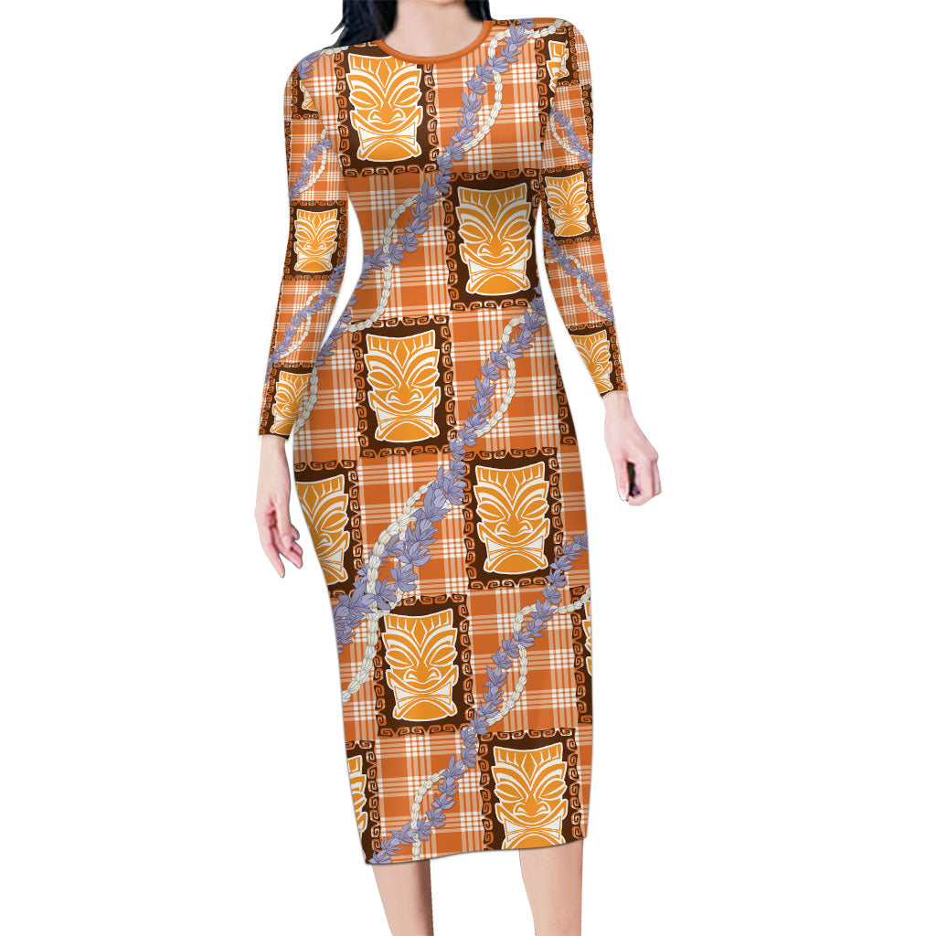 Aloha Hawaii Tiki Palaka Motifs Long Sleeve Bodycon Dress Honohono Lei Orange Elegant Vibes LT14 Long Dress Orange - Polynesian Pride