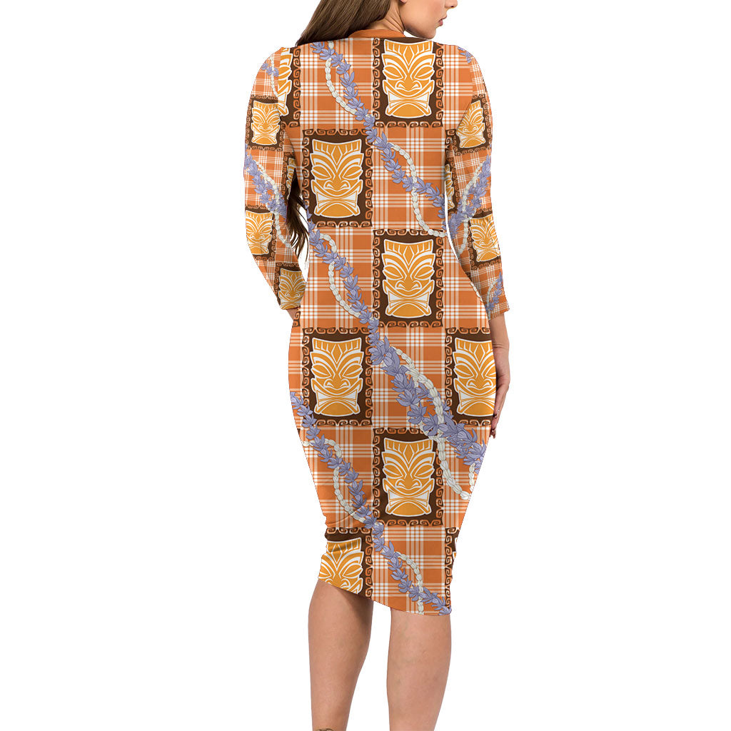 Aloha Hawaii Tiki Palaka Motifs Long Sleeve Bodycon Dress Honohono Lei Orange Elegant Vibes LT14 - Polynesian Pride
