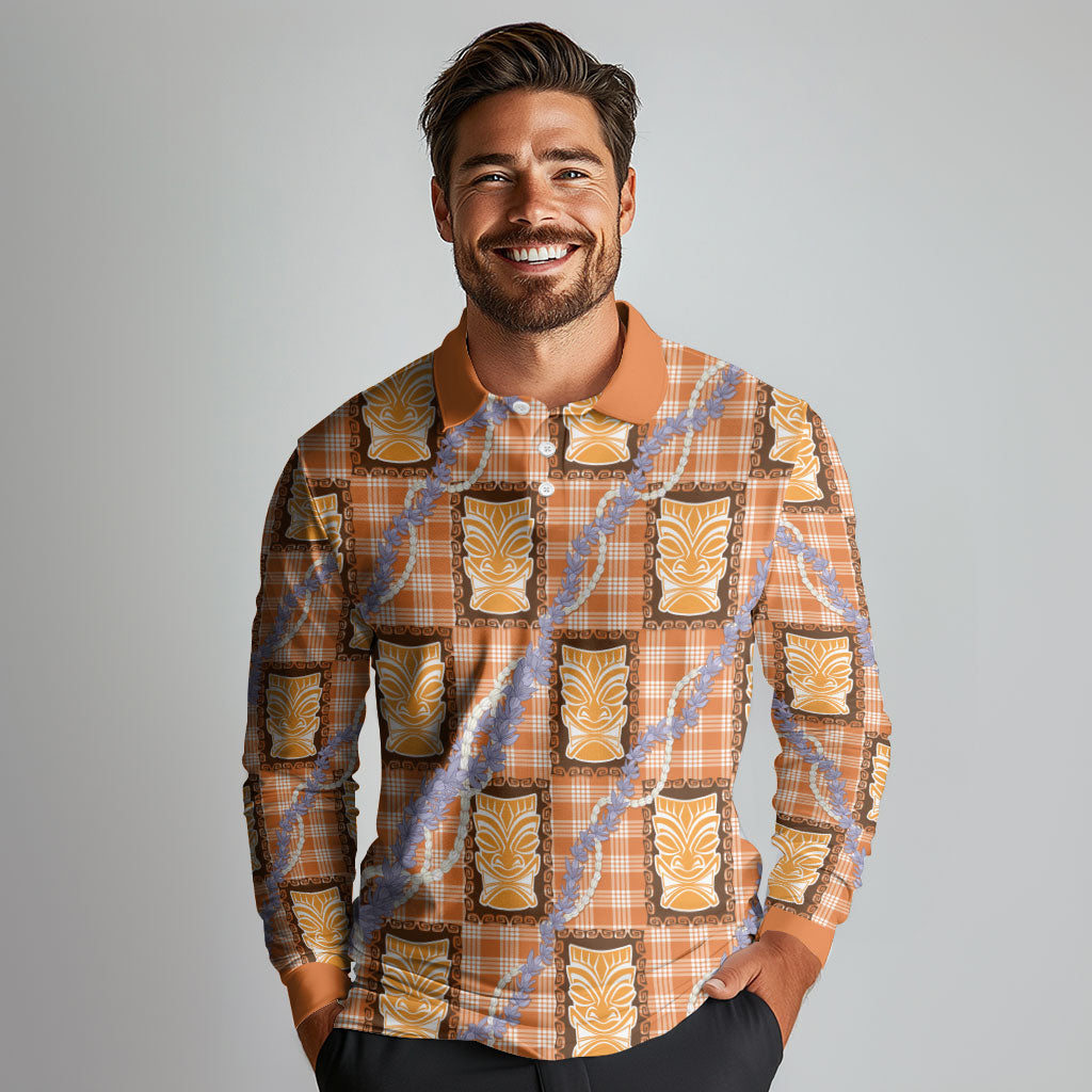 Aloha Hawaii Tiki Palaka Motifs Long Sleeve Polo Shirt Honohono Lei Orange Elegant Vibes LT14 - Polynesian Pride