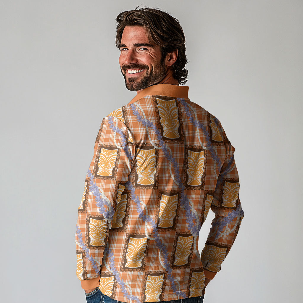 Aloha Hawaii Tiki Palaka Motifs Long Sleeve Polo Shirt Honohono Lei Orange Elegant Vibes LT14 - Polynesian Pride
