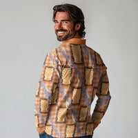 Aloha Hawaii Tiki Palaka Motifs Long Sleeve Polo Shirt Honohono Lei Orange Elegant Vibes LT14 - Polynesian Pride