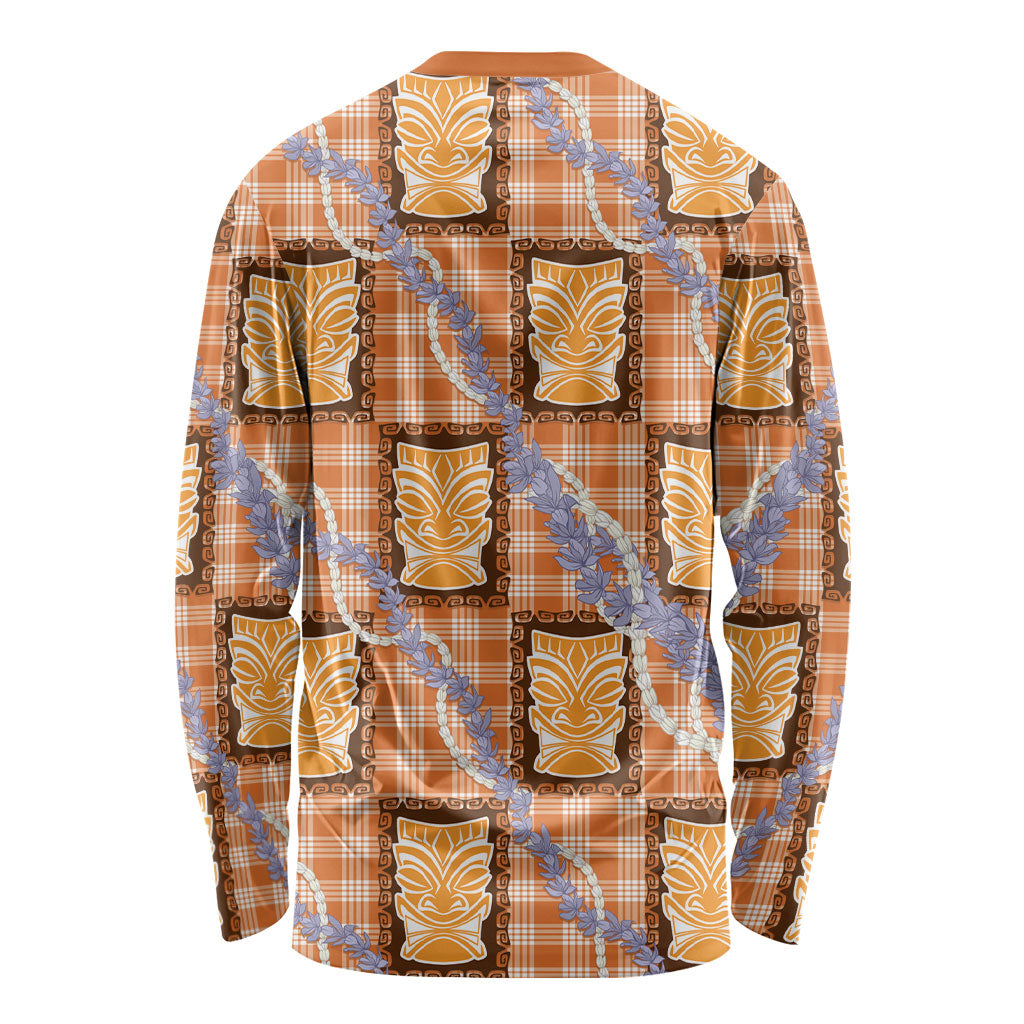 Aloha Hawaii Tiki Palaka Motifs Long Sleeve Shirt Honohono Lei Orange Elegant Vibes