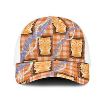 Aloha Hawaii Tiki Palaka Motifs Mesh Trucker Cap Honohono Lei Orange Elegant Vibes
