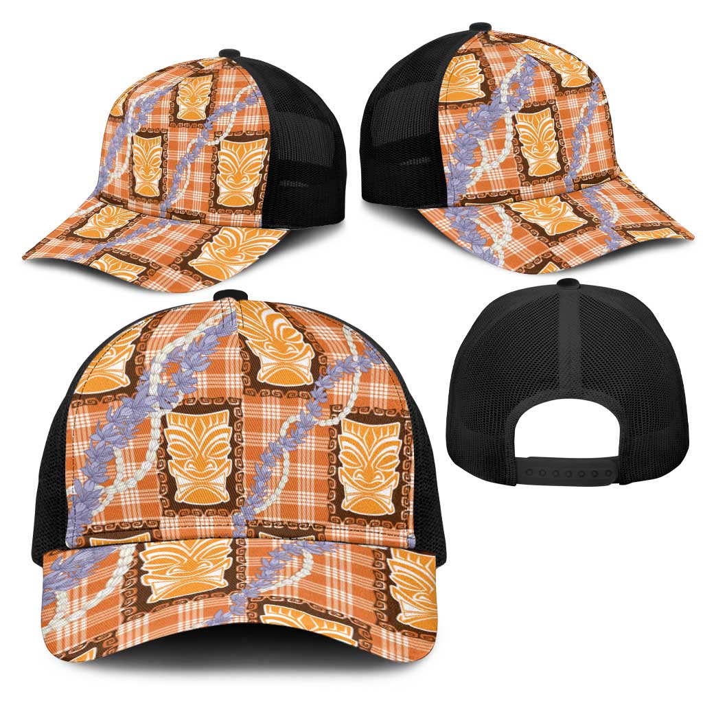 Aloha Hawaii Tiki Palaka Motifs Mesh Trucker Cap Honohono Lei Orange Elegant Vibes