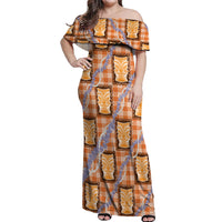 Aloha Hawaii Tiki Palaka Motifs Off Shoulder Maxi Dress Honohono Lei Orange Elegant Vibes