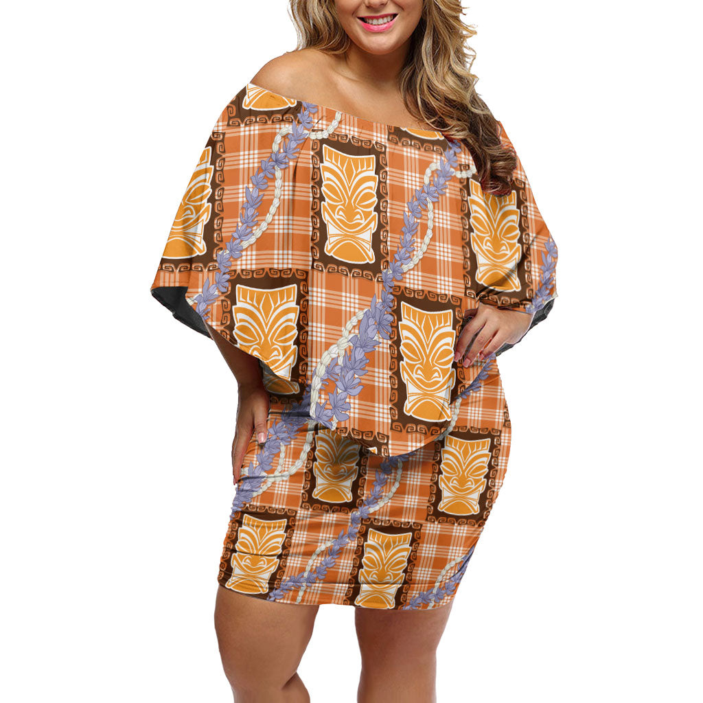 Aloha Hawaii Tiki Palaka Motifs Off Shoulder Short Dress Honohono Lei Orange Elegant Vibes