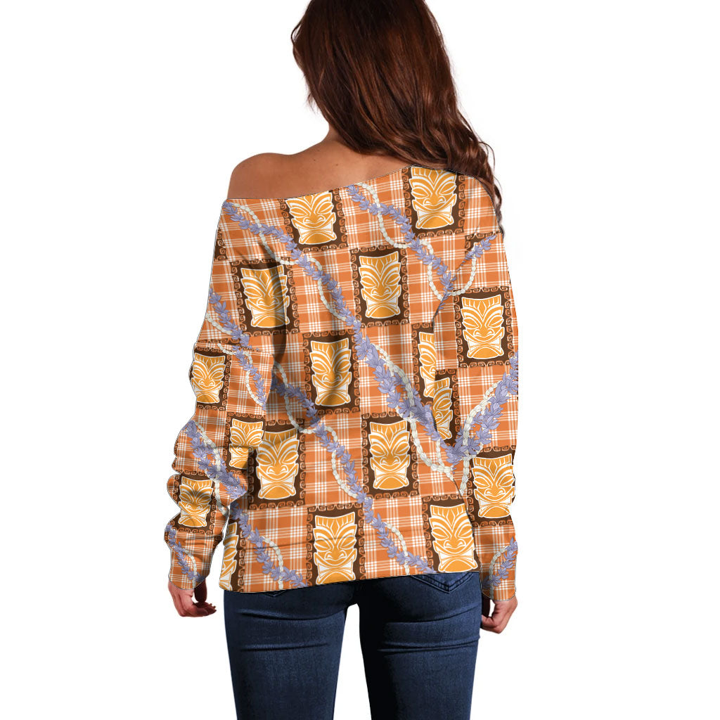 Aloha Hawaii Tiki Palaka Motifs Off Shoulder Sweater Honohono Lei Orange Elegant Vibes