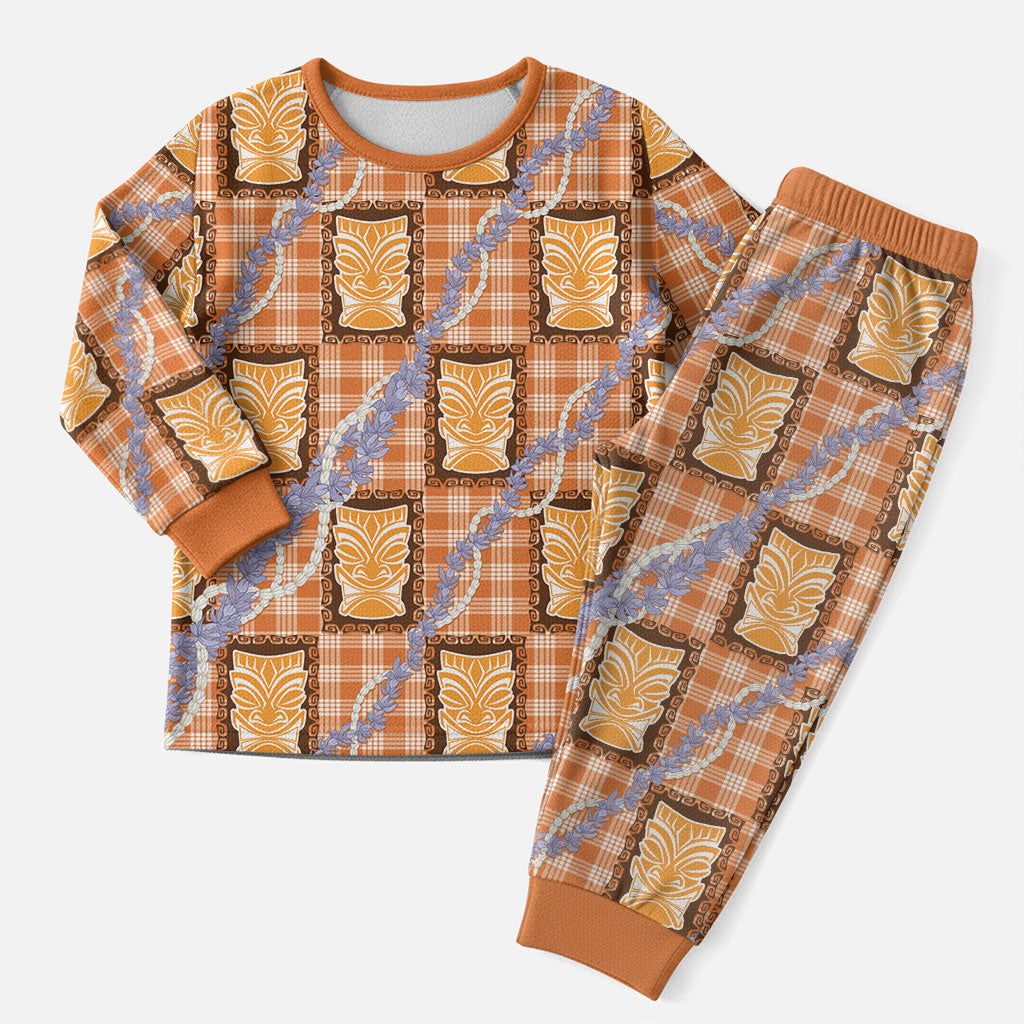 Aloha Hawaii Tiki Palaka Motifs Christmas Pajama Set Honohono Lei Orange Elegant Vibes