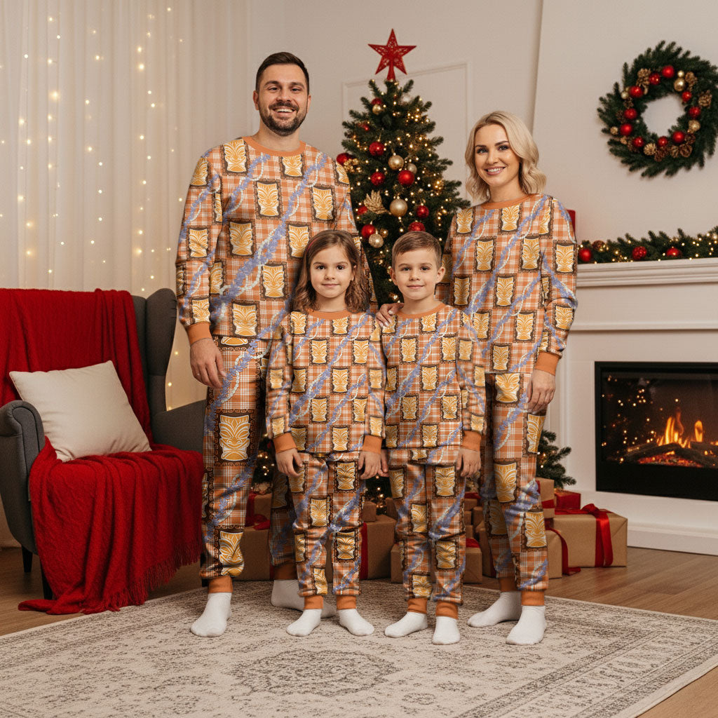 Aloha Hawaii Tiki Palaka Motifs Christmas Pajama Set Honohono Lei Orange Elegant Vibes