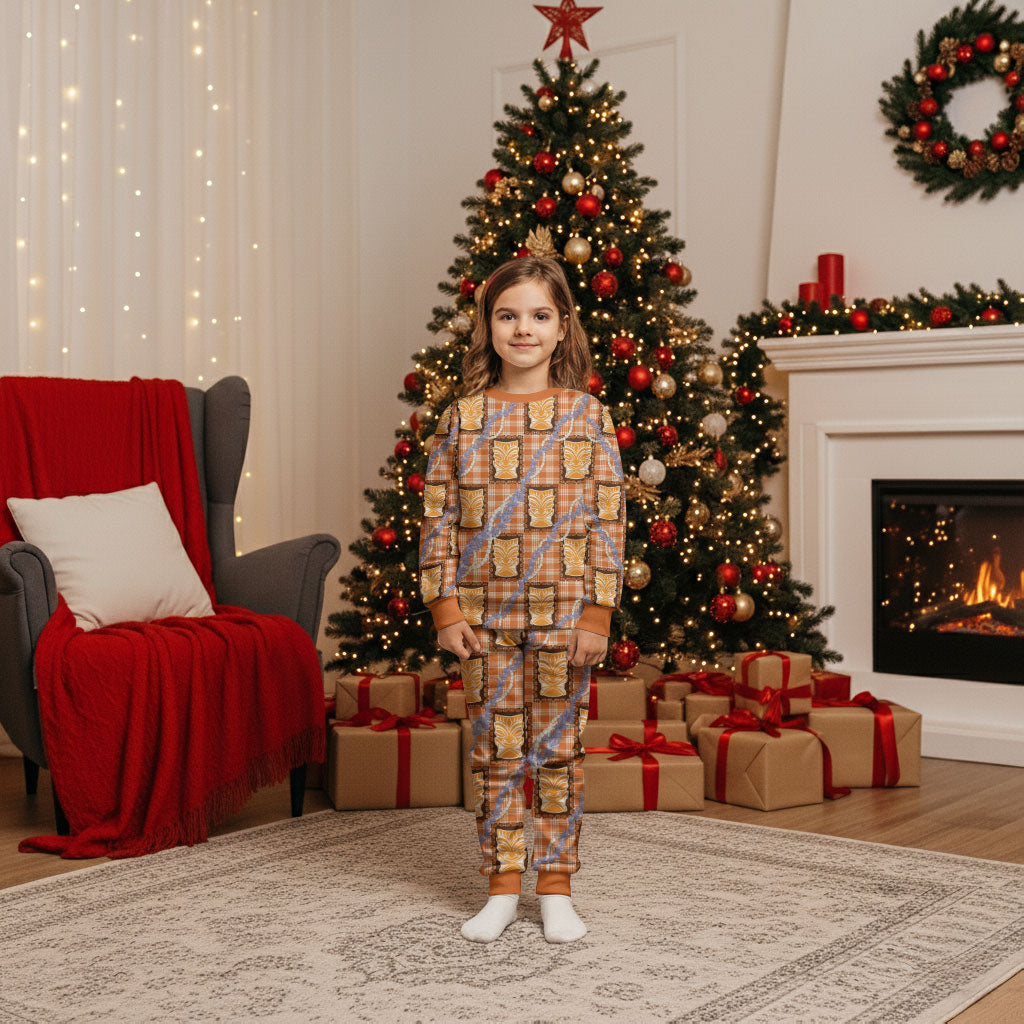 Aloha Hawaii Tiki Palaka Motifs Christmas Pajama Set Honohono Lei Orange Elegant Vibes