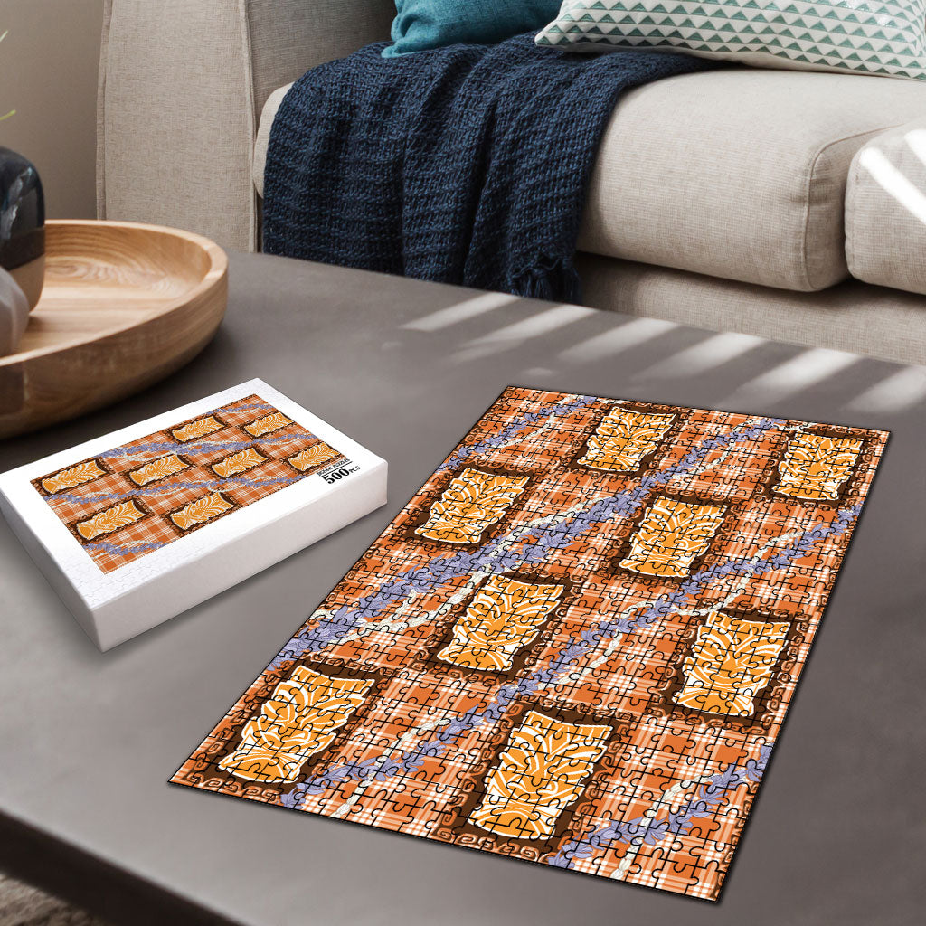 Aloha Hawaii Tiki Palaka Motifs Puzzle Honohono Lei Orange Elegant Vibes