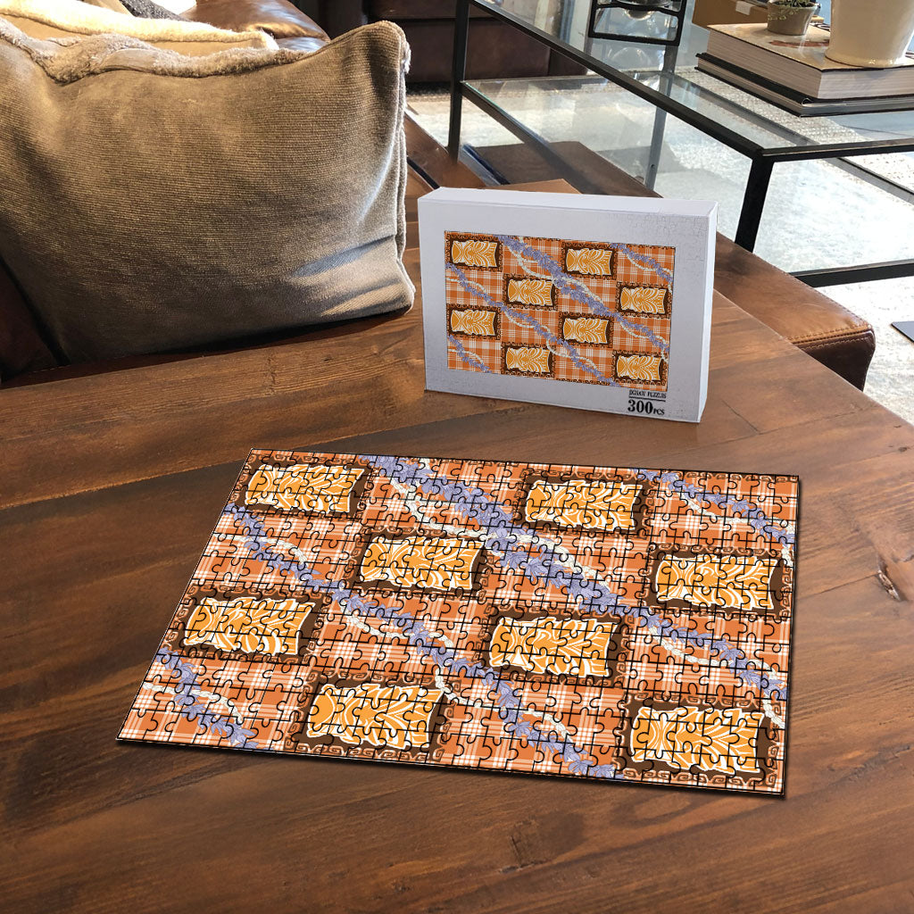 Aloha Hawaii Tiki Palaka Motifs Puzzle Honohono Lei Orange Elegant Vibes