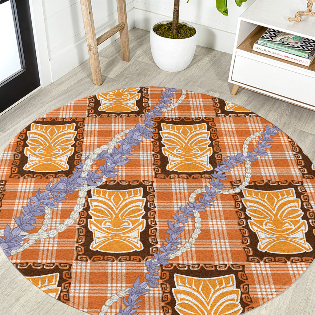 Aloha Hawaii Tiki Palaka Motifs Round Carpet Honohono Lei Orange Elegant Vibes