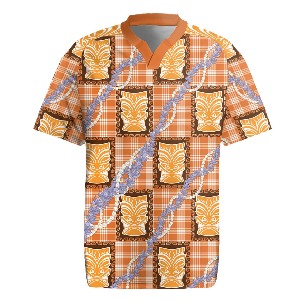 Aloha Hawaii Tiki Palaka Motifs Rugby Jersey Honohono Lei Orange Elegant Vibes