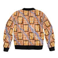 Aloha Hawaii Tiki Palaka Motifs Sleeve Zip Bomber Jacket Honohono Lei Orange Elegant Vibes