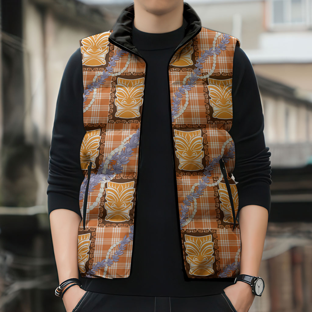 Aloha Hawaii Tiki Palaka Motifs Sleeveless Puffer Jacket Honohono Lei Orange Elegant Vibes