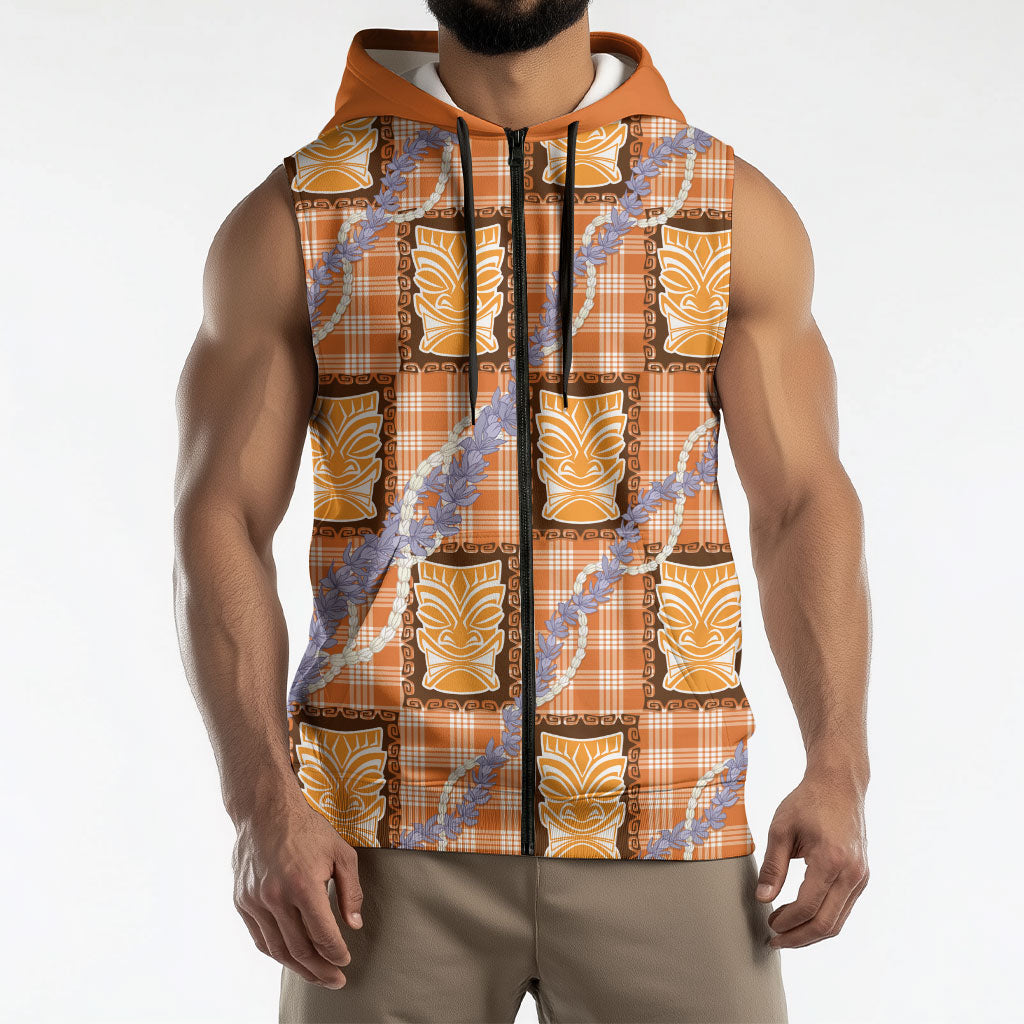 Aloha Hawaii Tiki Palaka Motifs Sleeveless Zip Hoodie Honohono Lei Orange Elegant Vibes LT14 - Polynesian Pride