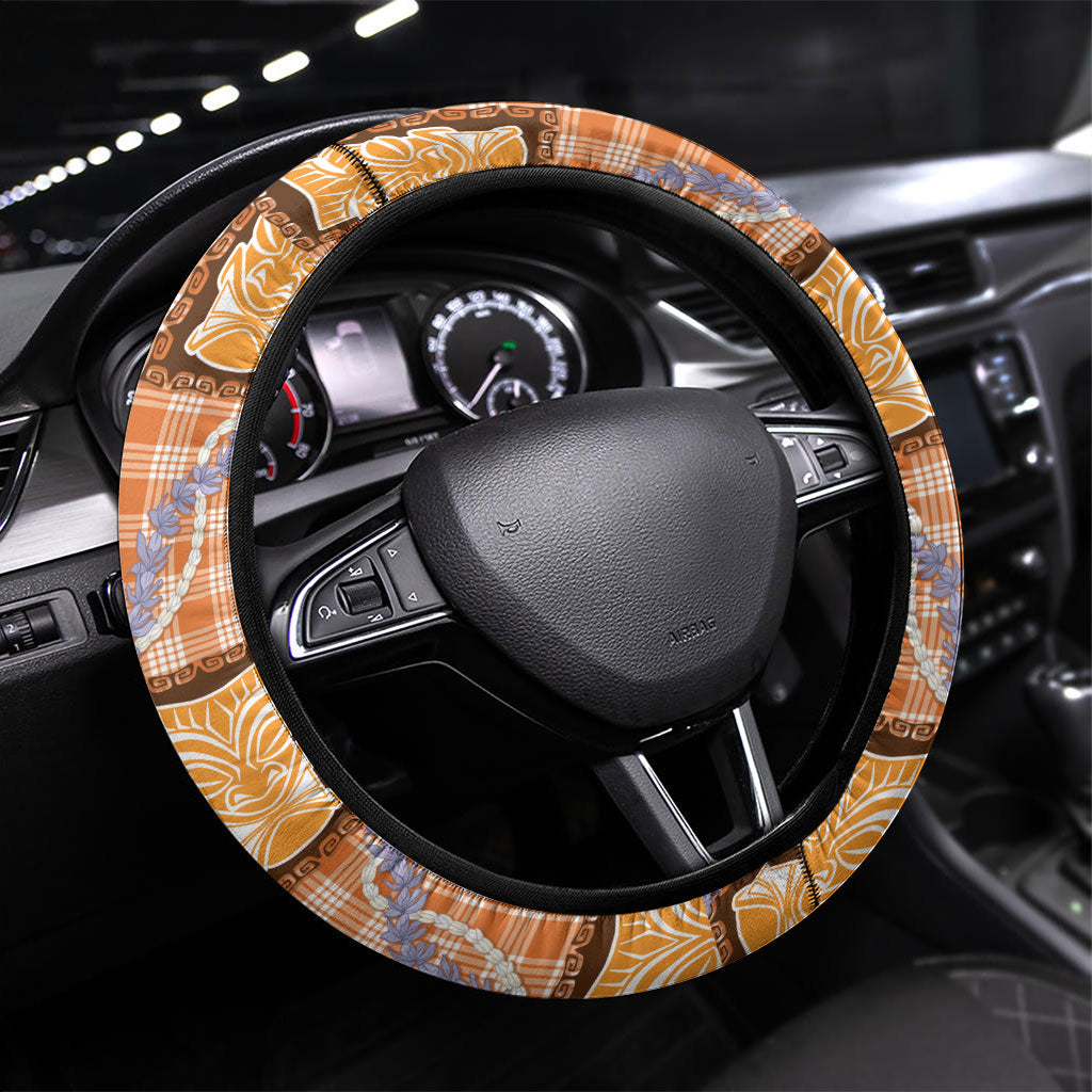 Aloha Hawaii Tiki Palaka Motifs Steering Wheel Cover Honohono Lei Orange Elegant Vibes