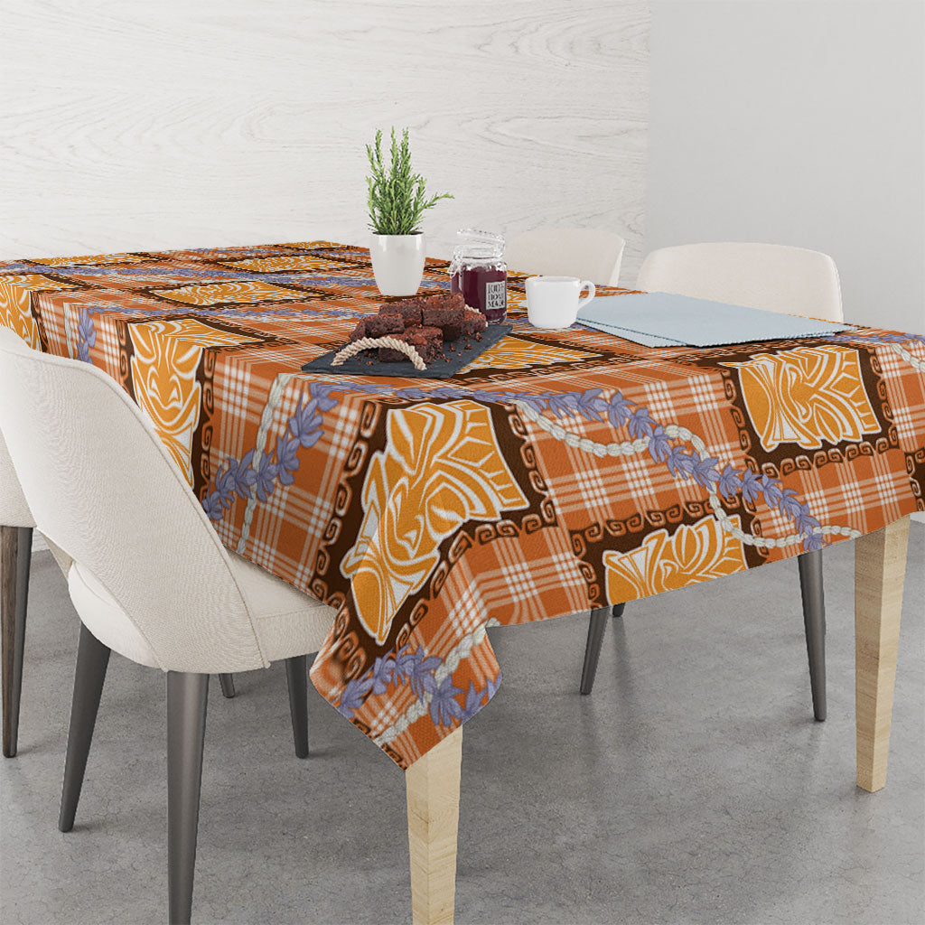 Aloha Hawaii Tiki Palaka Motifs Tablecloth Honohono Lei Orange Elegant Vibes