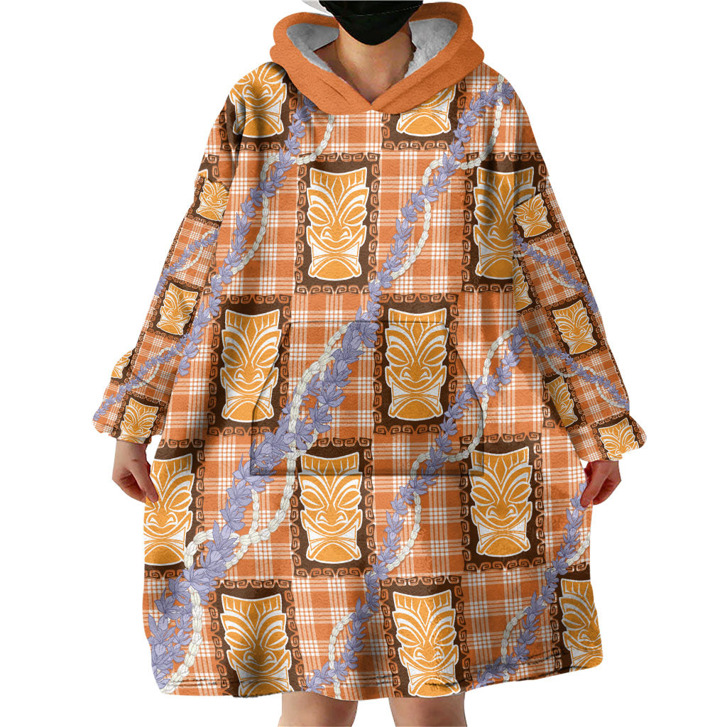 Aloha Hawaii Tiki Palaka Motifs Wearable Blanket Hoodie Honohono Lei Orange Elegant Vibes LT14 - Polynesian Pride