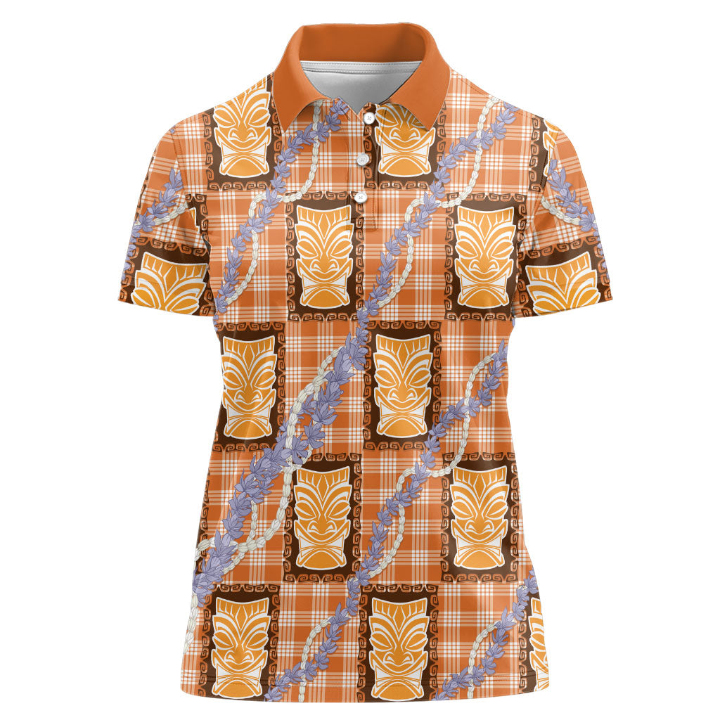 Aloha Hawaii Tiki Palaka Motifs Women Polo Shirt Honohono Lei Orange Elegant Vibes LT14 Female Orange - Polynesian Pride