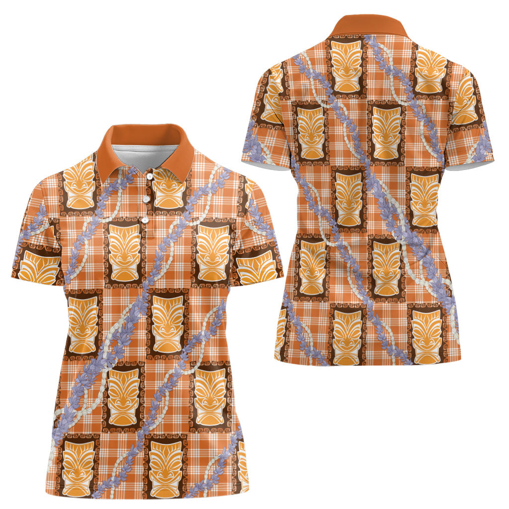Aloha Hawaii Tiki Palaka Motifs Women Polo Shirt Honohono Lei Orange Elegant Vibes LT14 - Polynesian Pride