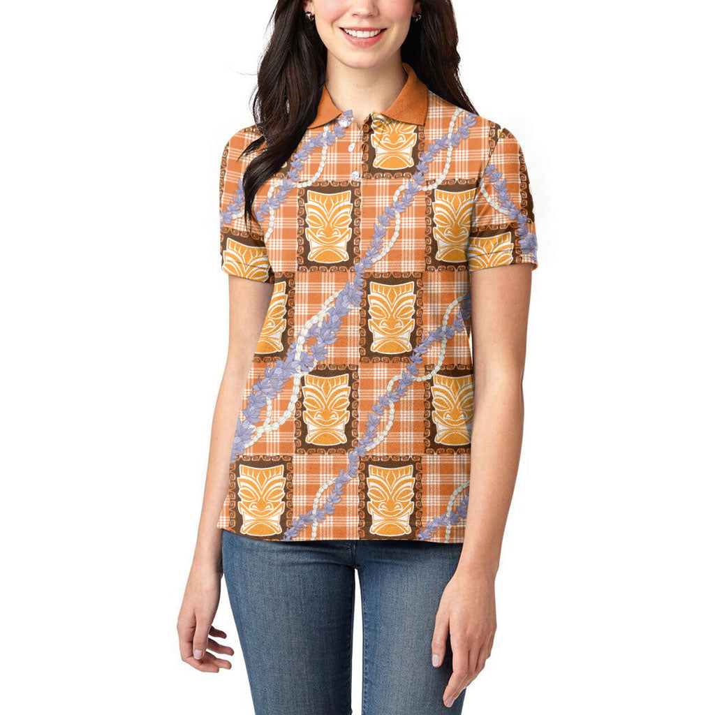 Aloha Hawaii Tiki Palaka Motifs Women Polo Shirt Honohono Lei Orange Elegant Vibes LT14 - Polynesian Pride