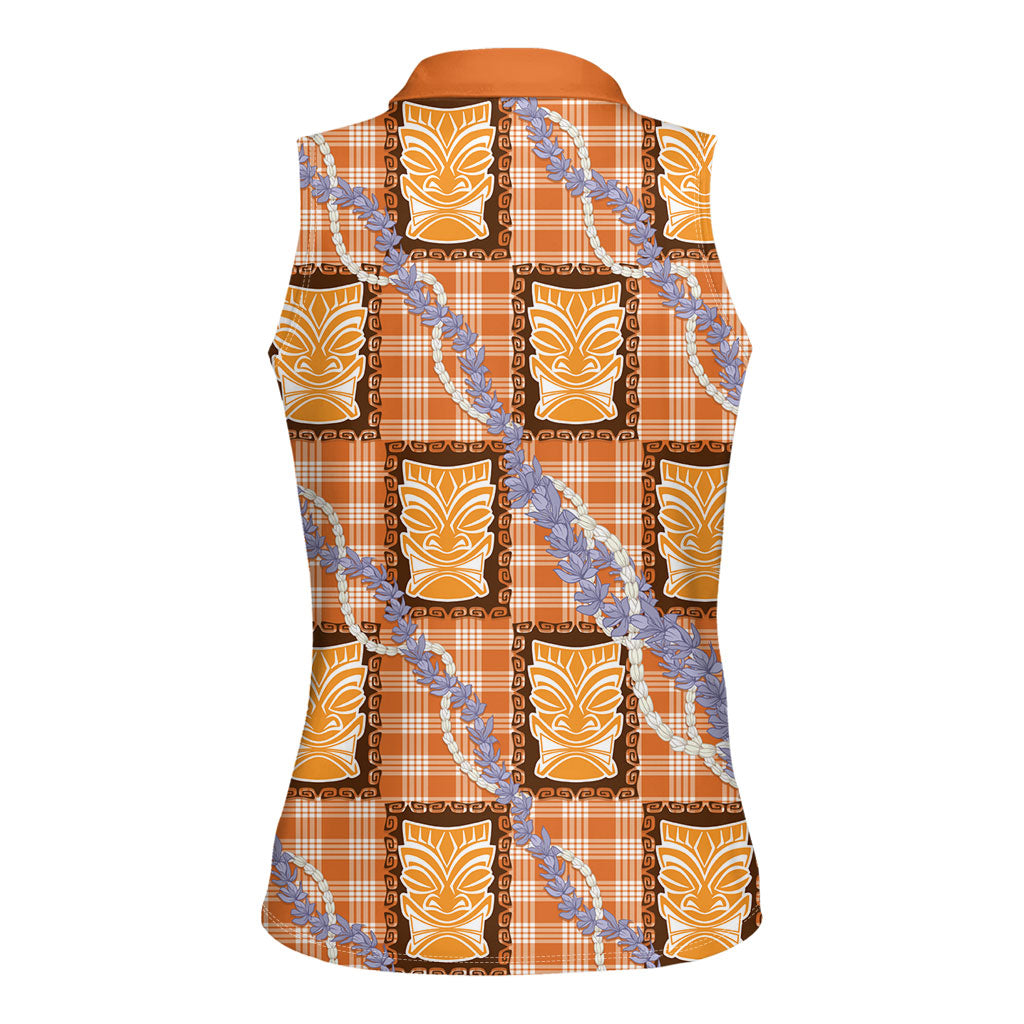 Aloha Hawaii Tiki Palaka Motifs Women Sleeveless Polo Shirt Honohono Lei Orange Elegant Vibes LT14 - Polynesian Pride