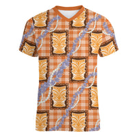 Aloha Hawaii Tiki Palaka Motifs Women V-Neck T-Shirt Honohono Lei Orange Elegant Vibes LT14 Female Orange - Polynesian Pride