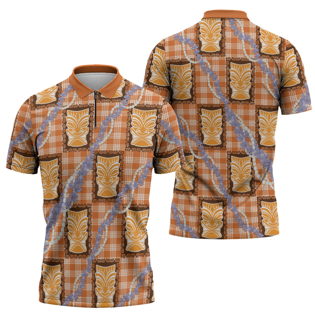 Aloha Hawaii Tiki Palaka Motifs Zipper Polo Shirt Honohono Lei Orange Elegant Vibes LT14 - Polynesian Pride