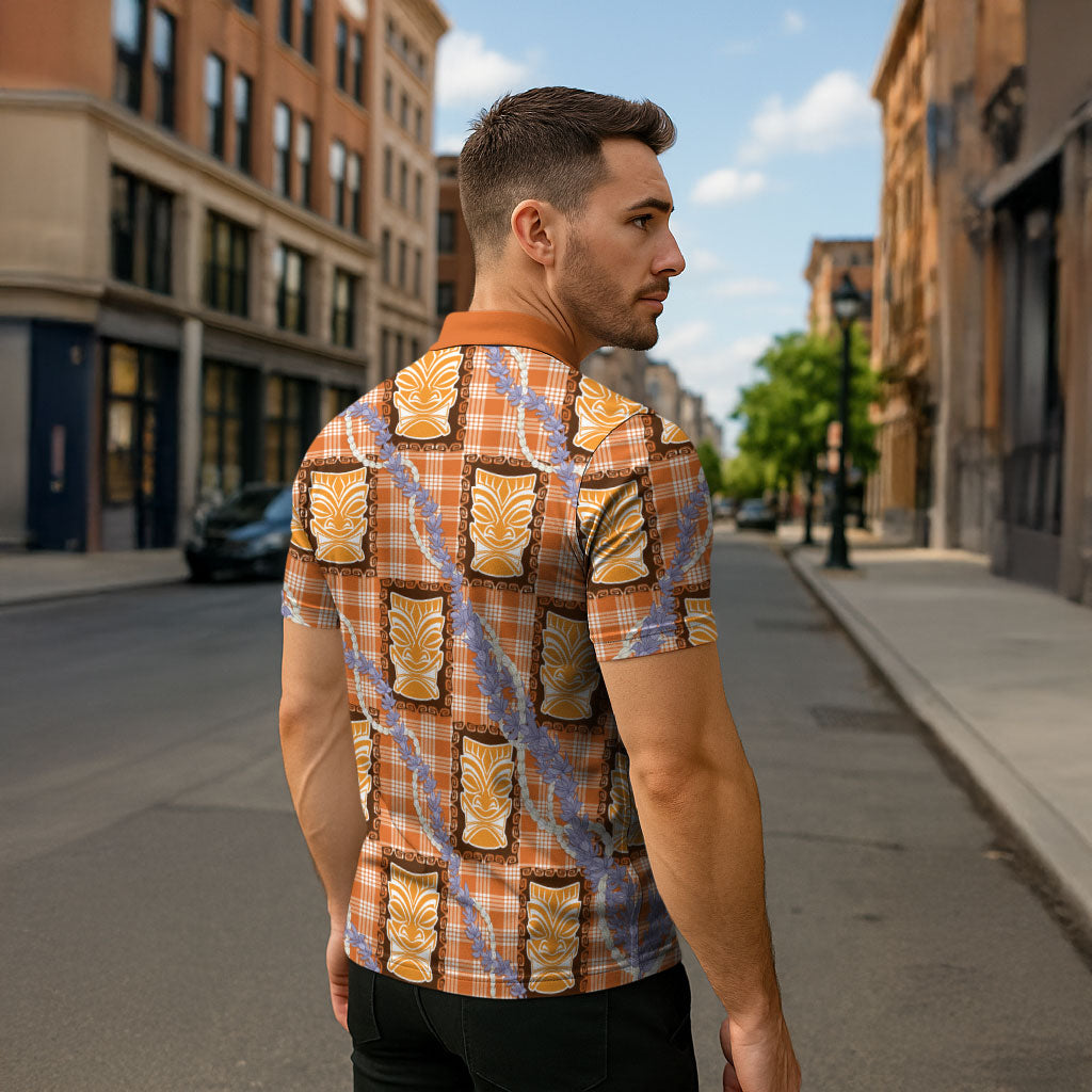 Aloha Hawaii Tiki Palaka Motifs Zipper Polo Shirt Honohono Lei Orange Elegant Vibes LT14 - Polynesian Pride