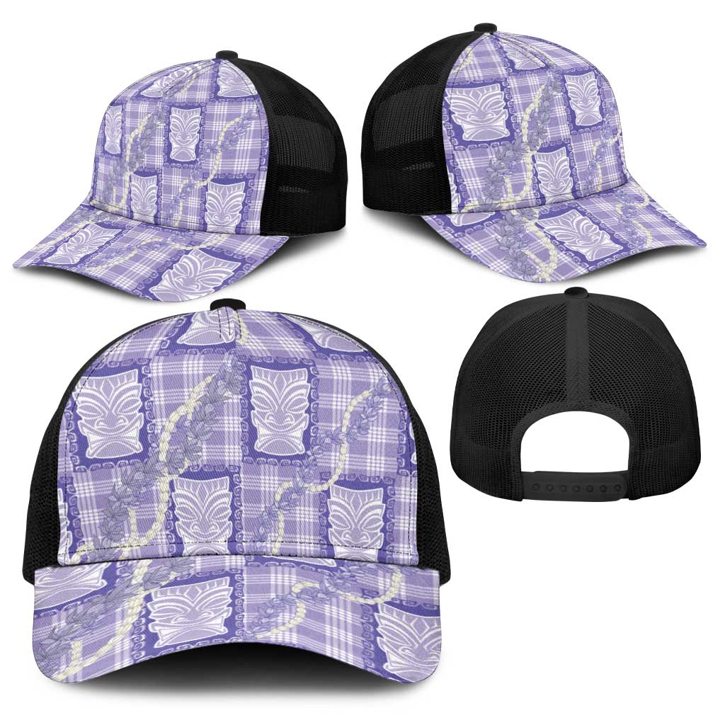 Aloha Hawaii Tiki Palaka Motifs Baseball Net Cap Honohono Lei Purple Elegant Vibes