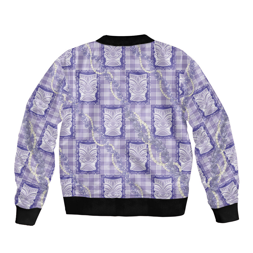 Aloha Hawaii Tiki Palaka Motifs Bomber Jacket Honohono Lei Purple Elegant Vibes