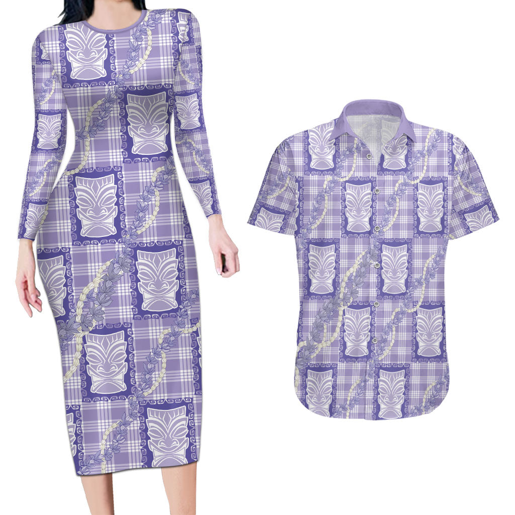 Aloha Hawaii Tiki Palaka Motifs Couples Matching Long Sleeve Bodycon Dress and Hawaiian Shirt Honohono Lei Purple Elegant Vibes LT14 Purple - Polynesian Pride