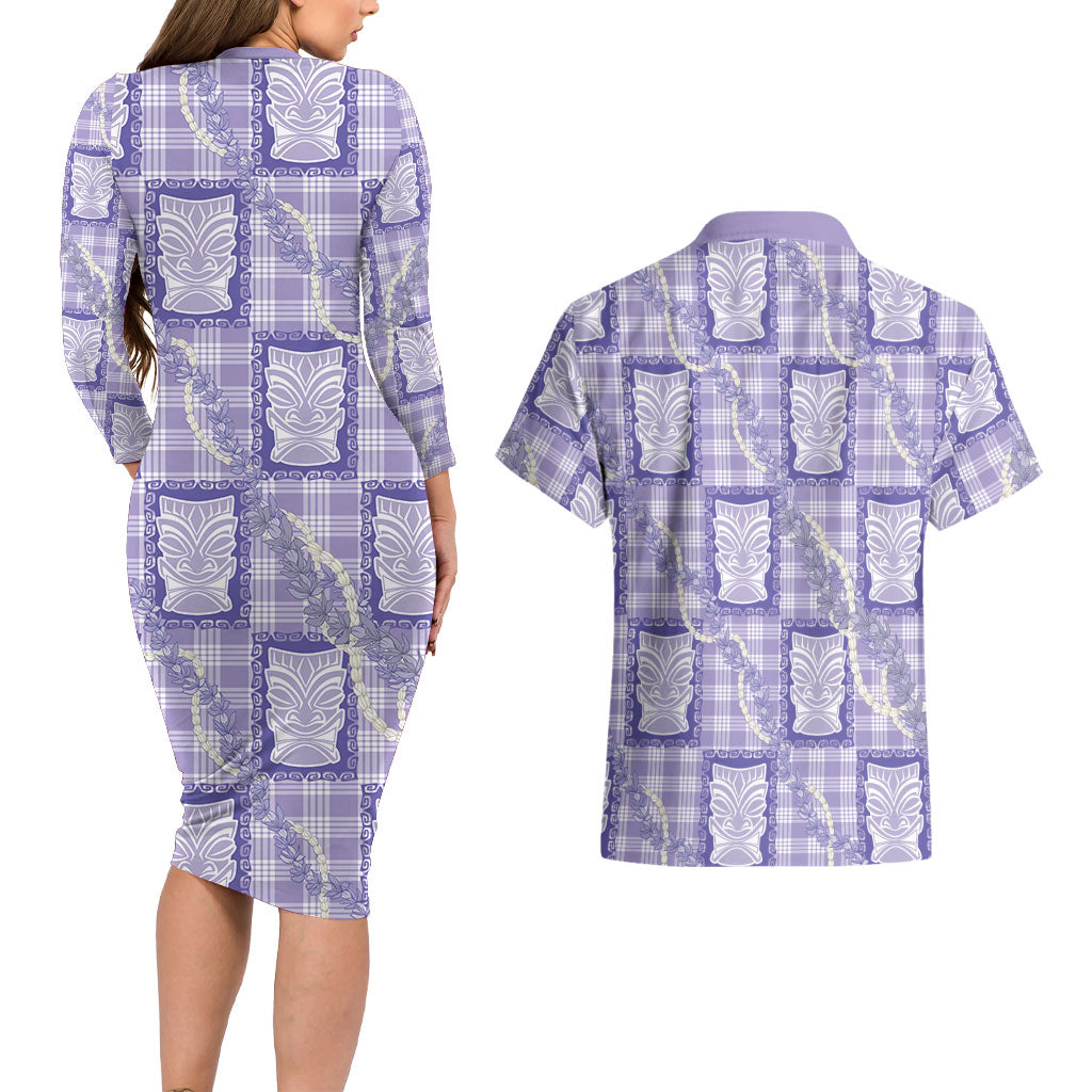 Aloha Hawaii Tiki Palaka Motifs Couples Matching Long Sleeve Bodycon Dress and Hawaiian Shirt Honohono Lei Purple Elegant Vibes LT14 - Polynesian Pride