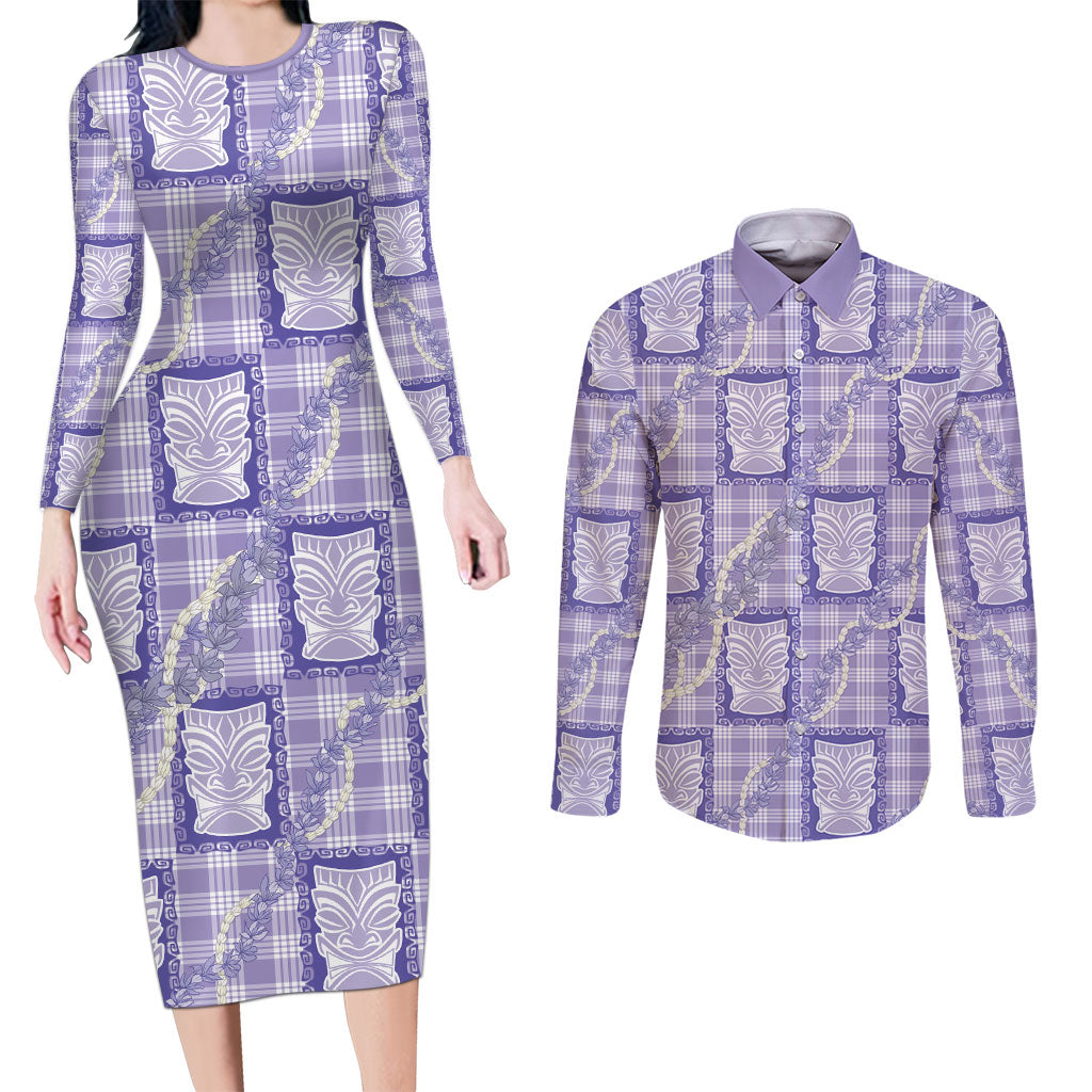 Aloha Hawaii Tiki Palaka Motifs Couples Matching Long Sleeve Bodycon Dress and Long Sleeve Button Shirt Honohono Lei Purple Elegant Vibes