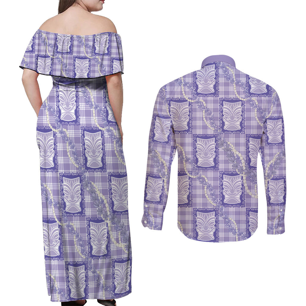 Aloha Hawaii Tiki Palaka Motifs Couples Matching Off Shoulder Maxi Dress and Long Sleeve Button Shirt Honohono Lei Purple Elegant Vibes LT14 - Polynesian Pride
