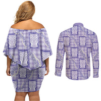 Aloha Hawaii Tiki Palaka Motifs Couples Matching Off Shoulder Short Dress and Long Sleeve Button Shirt Honohono Lei Purple Elegant Vibes LT14 - Polynesian Pride
