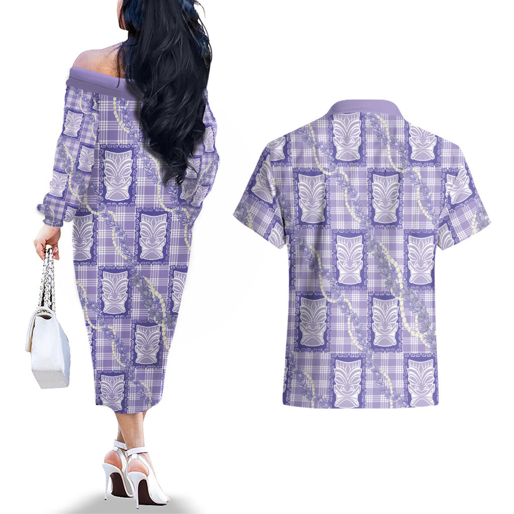 Aloha Hawaii Tiki Palaka Motifs Couples Matching Off The Shoulder Long Sleeve Dress and Hawaiian Shirt Honohono Lei Purple Elegant Vibes LT14 - Polynesian Pride