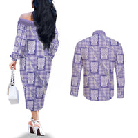 Aloha Hawaii Tiki Palaka Motifs Couples Matching Off The Shoulder Long Sleeve Dress and Long Sleeve Button Shirt Honohono Lei Purple Elegant Vibes LT14 - Polynesian Pride