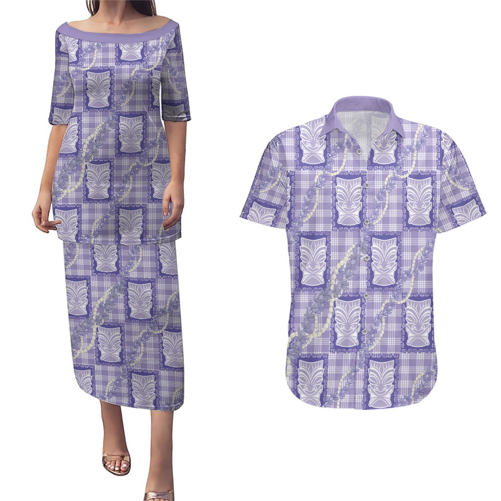 Aloha Hawaii Tiki Palaka Motifs Couples Matching Puletasi and Hawaiian Shirt Honohono Lei Purple Elegant Vibes LT14 Purple - Polynesian Pride