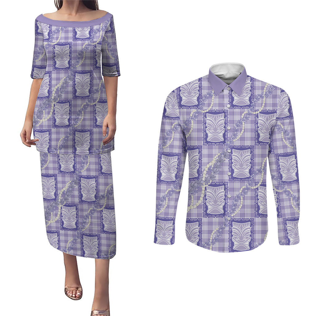 Aloha Hawaii Tiki Palaka Motifs Couples Matching Puletasi and Long Sleeve Button Shirt Honohono Lei Purple Elegant Vibes LT14 Purple - Polynesian Pride